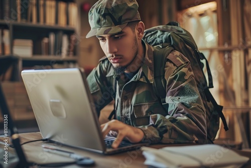Military Man Using Laptop photo