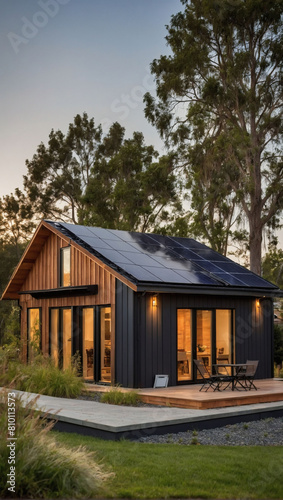 Sustainable Living, Modern Passive House with Solar Panels on Gable Roof and Well-Manicured Yard