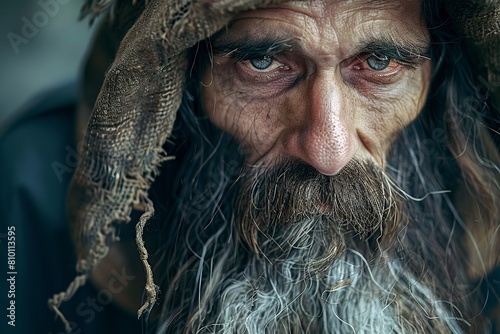 Homeless Beggar With Long Beard and Hat