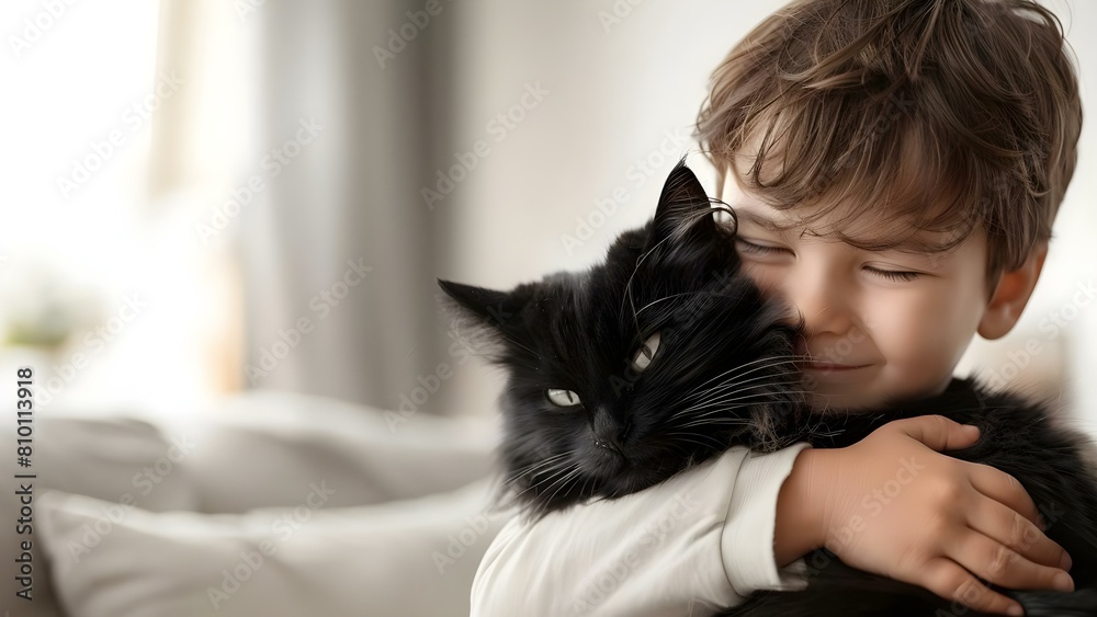Affectionate Moment: Young Boy Hugging His Black Cat. Concept Pets, Love, Family, Connection, Emotions Affectionate Moment: Young Boy Hugging His Black Cat. Concept Pets, Love, Family, Connection, Emotions