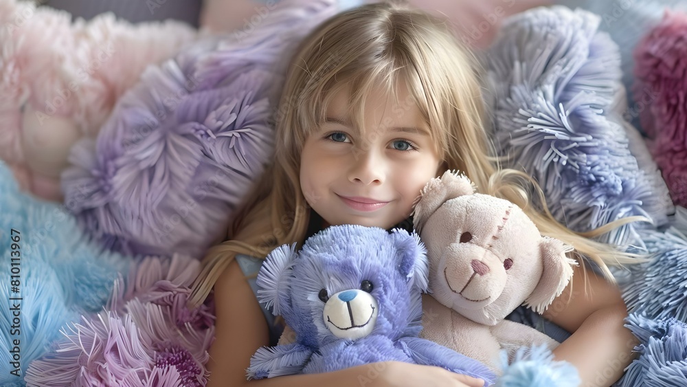 Image of children hugging soft toys radiates innocence and joy Ideal for toy shop commercial. Concept Toys, Children, Hugging, Soft, Joyful