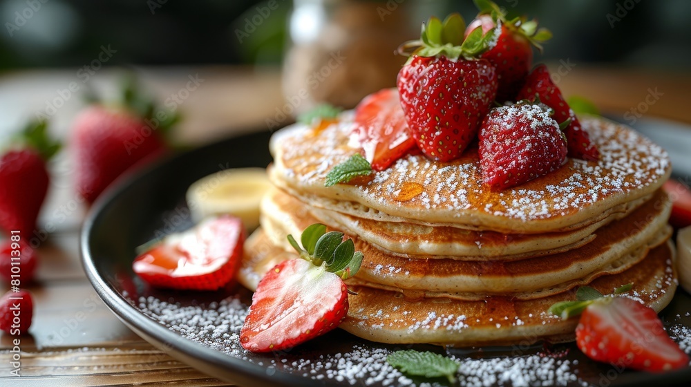An artistic composition of pancakes layered with slices of bananas and strawberries, finished with a light dusting of icing sugar