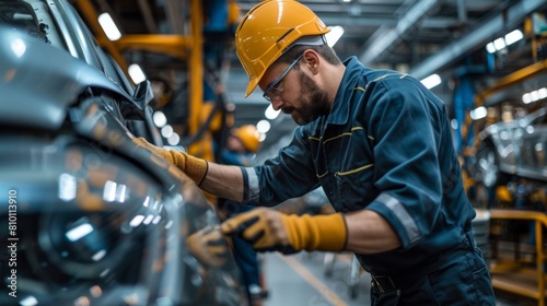 Automotive engineers are inspecting production and controlling automobile assembly standards. Emphasis is placed on product quality inspection within automobile assembly plants.