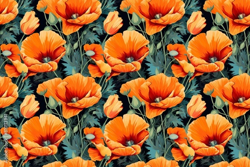Vibrant orange poppies blooming against a lush dark foliage background