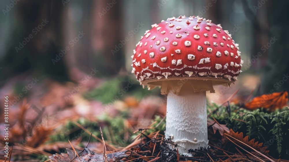 A tight shot of a mushroom nestled amongst forest floor leaves Trees loom in the background A tight shot of a mushroom nestled amongst forest floor leaves Trees loom in the background