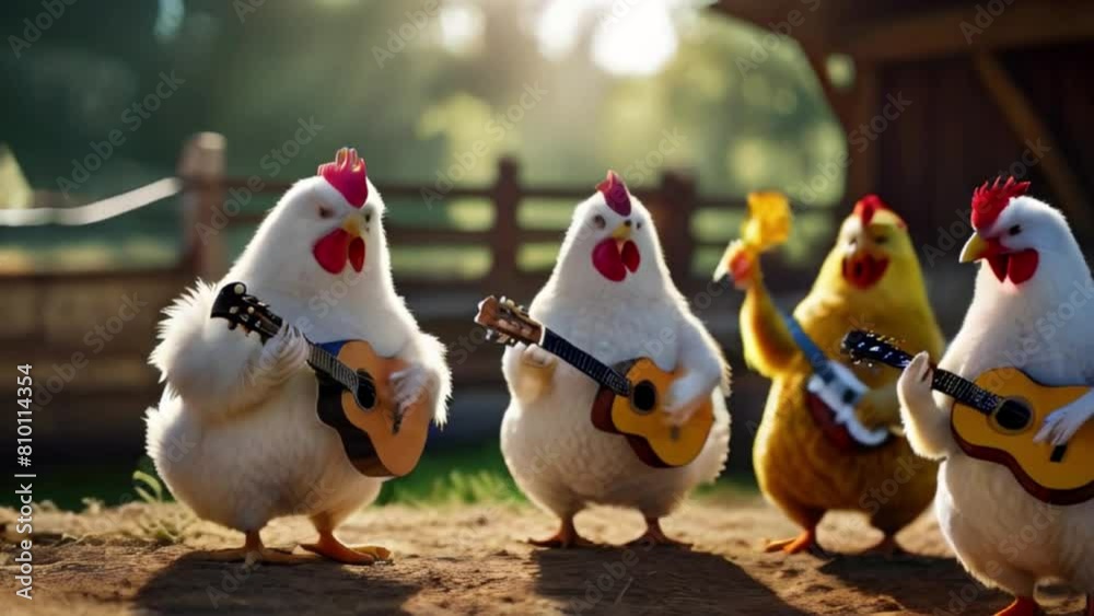 Group of chicken playing guitar and singing, chicken music guitar song in far on a sunny day generative AI