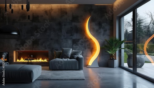 Design a modern living room with a large gray couch, fireplace and a unique glowing yellow sculpture photo
