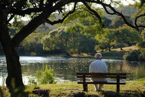 Retired Doctor Reflecting by the Lake in Peaceful Natural Setting © spyrakot
