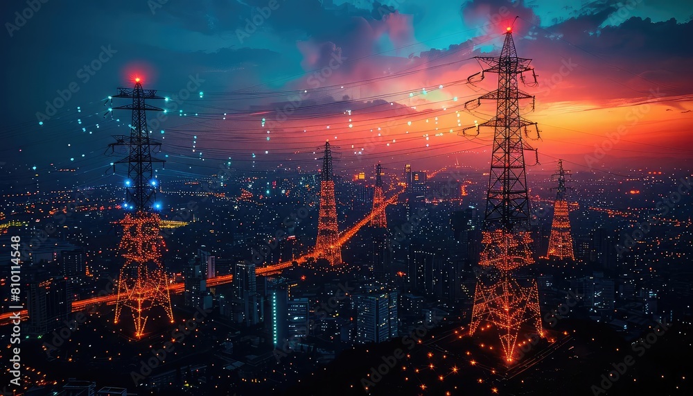 Fototapeta premium Night scene of illuminated transmission towers, glowing lines against a dark sky, vital energy flow