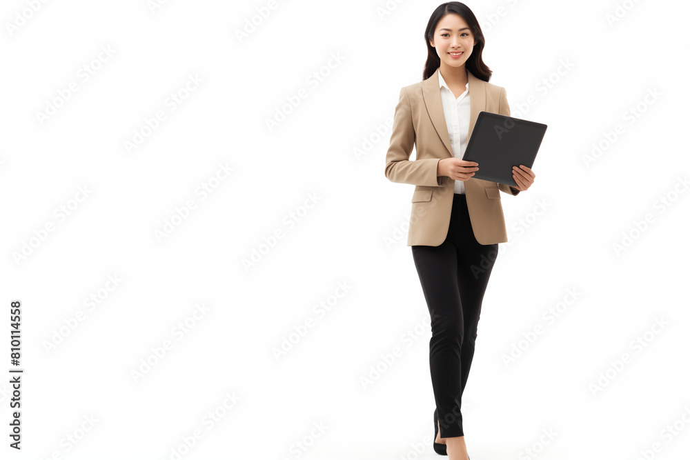 Portrait of a smiling Asian businesswoman holding laptop computer while walking isolated on white background, Full body length composition concept Portrait of a smiling Asian businesswoman holding laptop computer while walking isolated on white background, Full body length composition concept