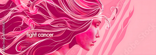 Illustration of a woman with long hair with a message of fighting cancer. Pink tones.