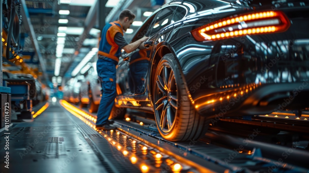 Automotive engineer inspects car assembly Inside the automobile manufacturing and assembly plant Automotive engineer inspects car assembly Inside the automobile manufacturing and assembly plant