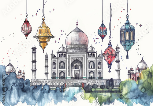 Ethereal Watercolor Illustration of Taj Mahal with Hanging Lanterns, Artistic Eid Celebration