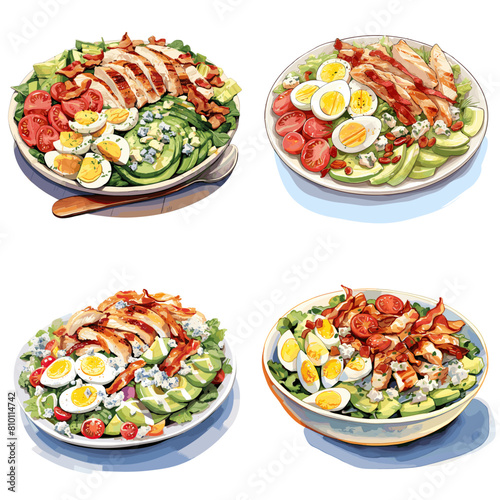 Fresh Cobb salad with grilled chicken, eggs, avocado, bacon, tomatoes, and blue cheese on crisp lettuce. A healthy and delicious meal, perfect for food photography, menus, nutrition-focused content