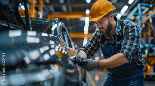 Automotive engineer inspects car assembly Inside the automobile manufacturing and assembly plant