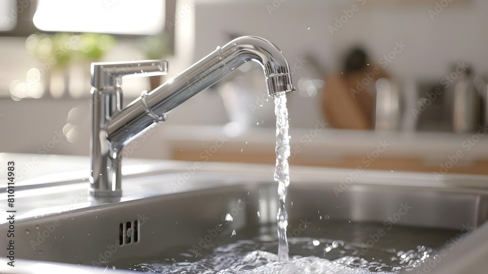 Metal faucet pouring water in kitchen sink. Concept Household Objects, Kitchen Appliances, Water Usage, Plumbing Fixtures, Interior Design Metal faucet pouring water in kitchen sink. Concept Household Objects, Kitchen Appliances, Water Usage, Plumbing Fixtures, Interior Design