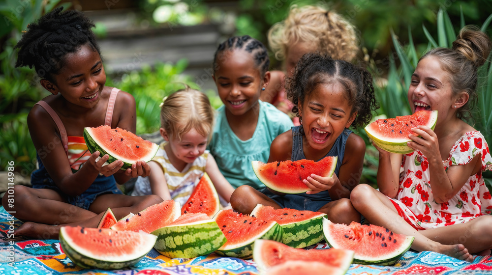 Diverse group of kids laugh and eat watermelon slices in a summer garden setting Diverse group of kids laugh and eat watermelon slices in a summer garden setting