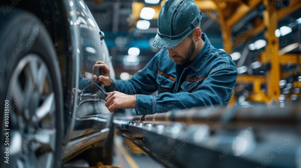 Realistic image of an automotive engineer inspecting a vehicle assembly line Realistic image of an automotive engineer inspecting a vehicle assembly line