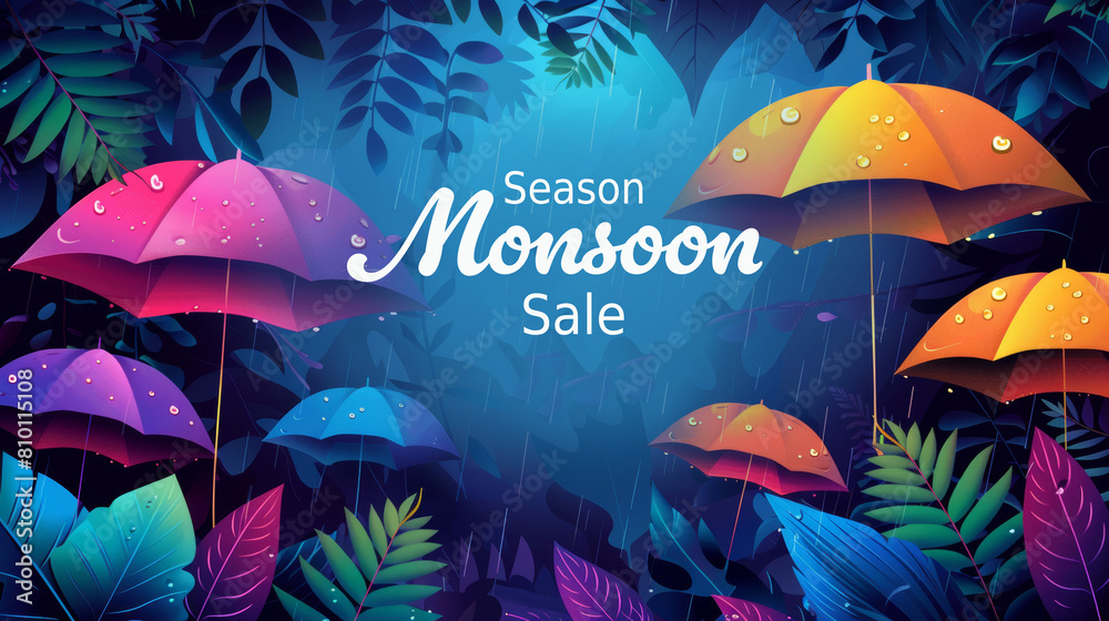 Colorful umbrellas under rain in a lush jungle setting advertising a Monsoon Season Sale with vibrant tropical foliage