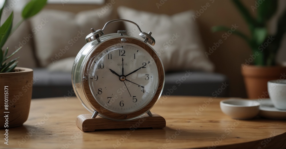 Detailed shot Alarm clock on round wooden table in modern boho living room setting