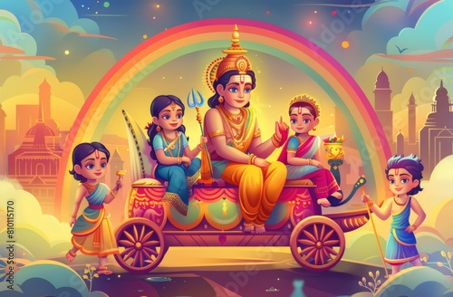 Vibrant illustration of Hindu gods in a celestial chariot  with joyful expressions  amidst a colorful backdrop