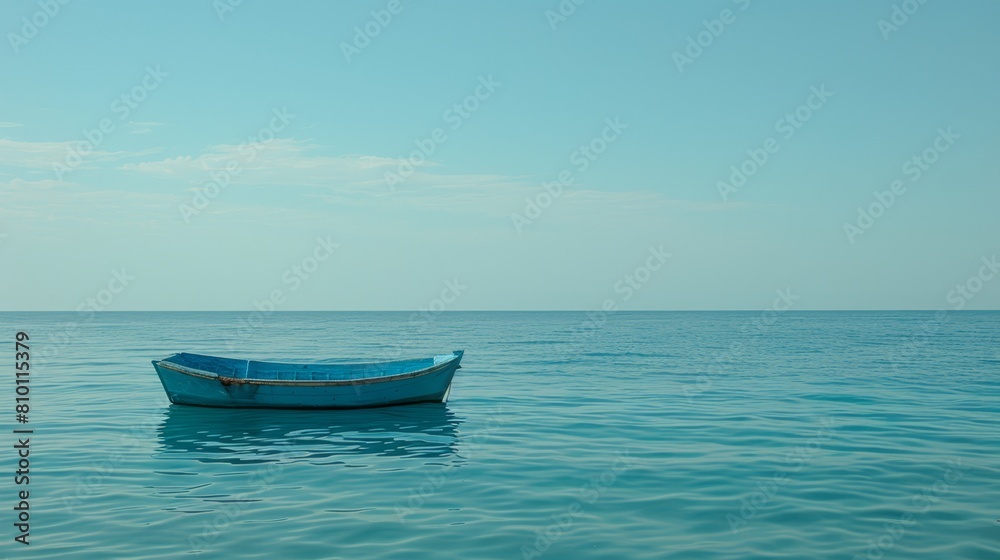 A small blue boat floats atop tranquil water, adjacent to a vessel in the heart of the ocean A small blue boat floats atop tranquil water, adjacent to a vessel in the heart of the ocean