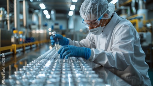 pharmaceutical scientist in lab coat and gloves inspecting a vial, focused and professional, in a high-tech drug manufacturing facility.