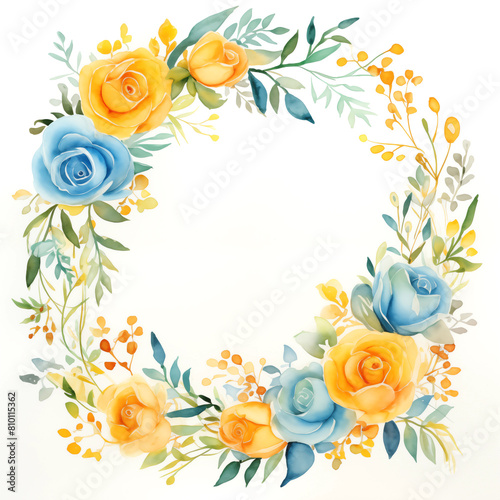 watercolour blue, turquoise and yellow roses wreath vintage flowers. Watercolor Flower Collection. Decorated floral frame isolated on a white background, perfect for wedding invitation, birthday cards