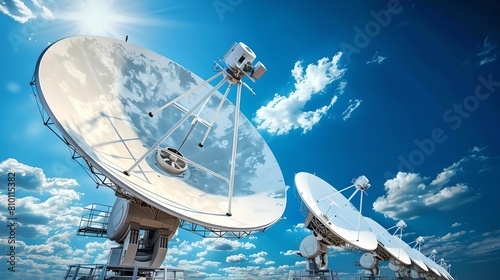 Giant satellite dishes facing a blue sky with clouds, technological communication concept. Capturing signals, modern tech equipment. Broadcasting tools against a clear blue backdrop. AI photo