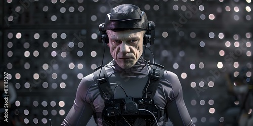 Performing as a CGI creature: Actor in motion capture suit with head rig. Concept Motion Capture Acting, CGI Creature Performance, Head Rig Setup, Virtual Character Animation photo