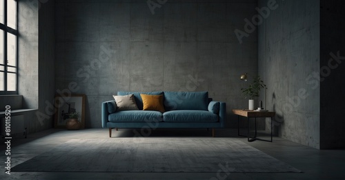 Detailed shot Minimalist studio apartment with blue sofa against concrete wall.