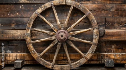   A tight shot of a weathered wooden wheel against a wooden backdrop, surrounded by various wood and metallic components