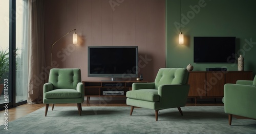 Detailed shot Pastel-toned TV lounge with focal green armchair and accessories.