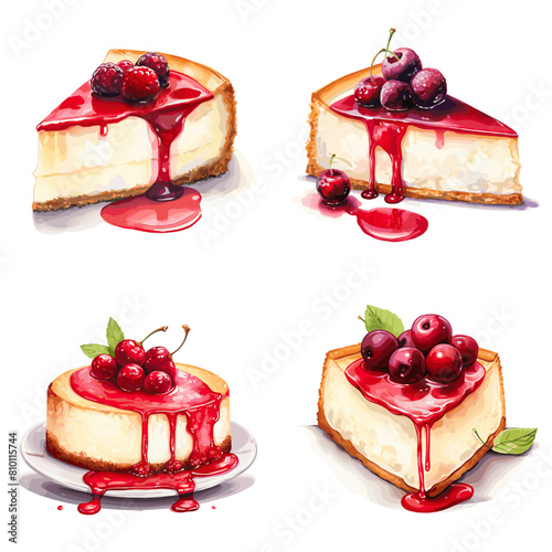 Delicious watercolor cheesecake illustration topped with fresh berries and drizzled with fruit syrup. A perfect design for desserts, bakery, food art, cafe menus, and sweet treat projects.