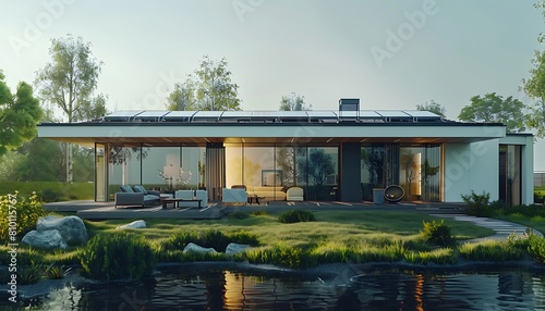 3d rendering of a modern house with solar panels on the roof © Asad