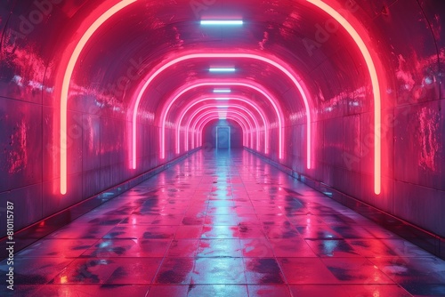 A modern corridor with a neon red light tunnel reflected on a polished floor surface
