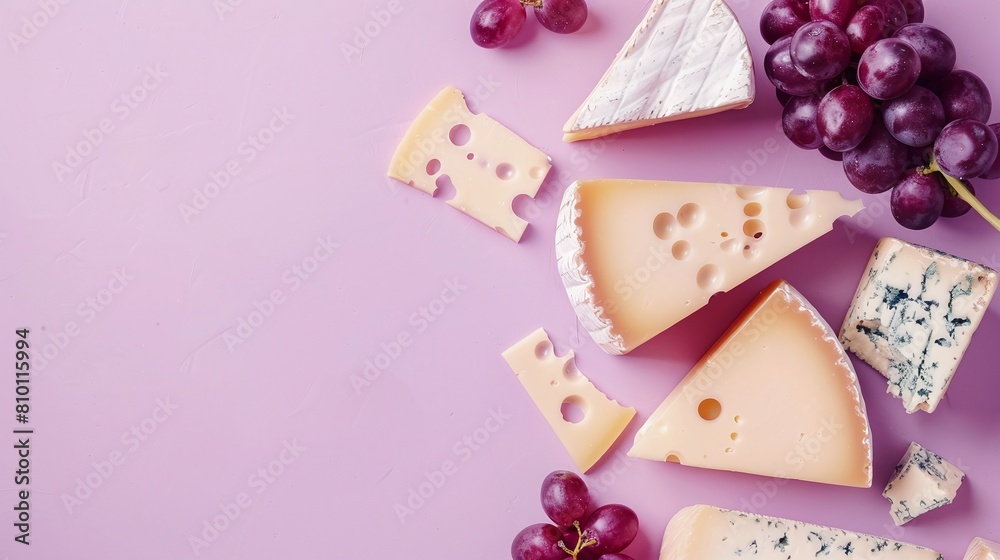 Assorted cheeses with fresh grapes on a soft pink background. Flat lay composition with copy space. Cheese tasting and gourmet food concept. Design for deli menu, food blog, and culinary event poster