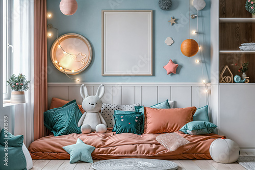 Mockup frame of children's room, Mockup frame, unisex children's room interior background, table and decoration, blue and pink, design home decoration, 3D rendering