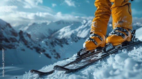 skier adjusting their ski boots at the top of a slope, focusing on the gear and panoramic snowy vistas in the background. photo
