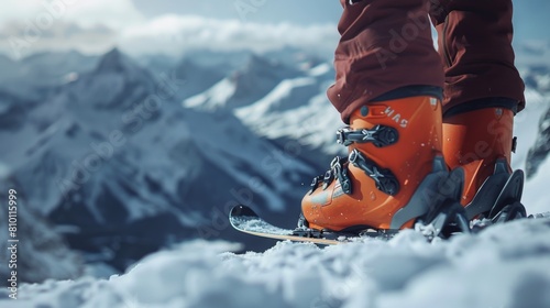 skier adjusting their ski boots at the top of a slope, focusing on the gear and panoramic snowy vistas in the background. photo