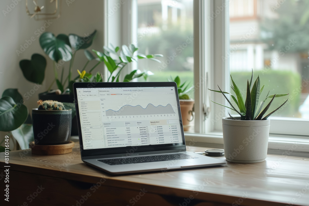 Fototapeta premium Serene Minimalist Home Workspace with Laptop Displaying Investment Platform