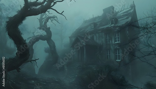 scary haunted Halloween house dilapidated rundown creepy trees fog mist dark evil horror 