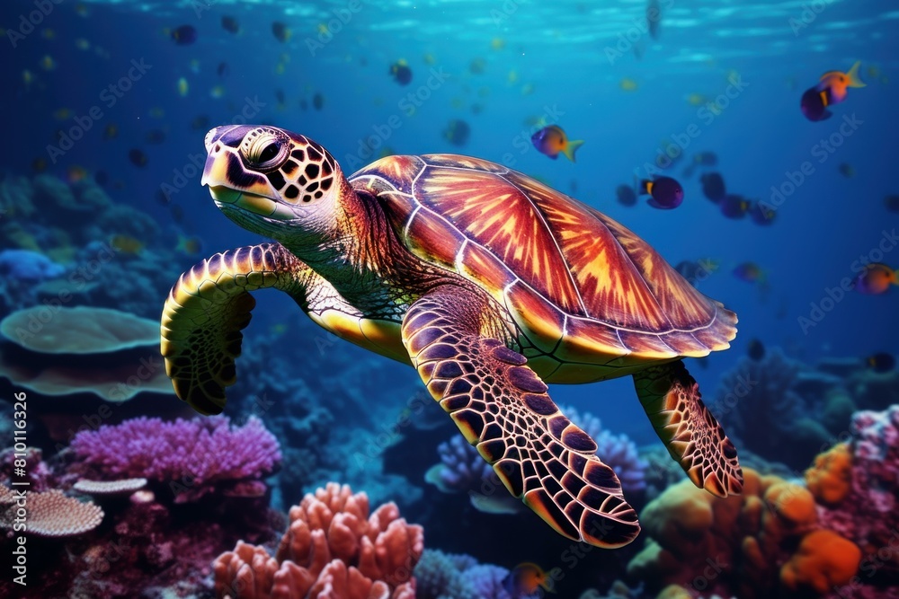 Obraz premium Colorful underwater sea turtle. Water reef. Generate Ai