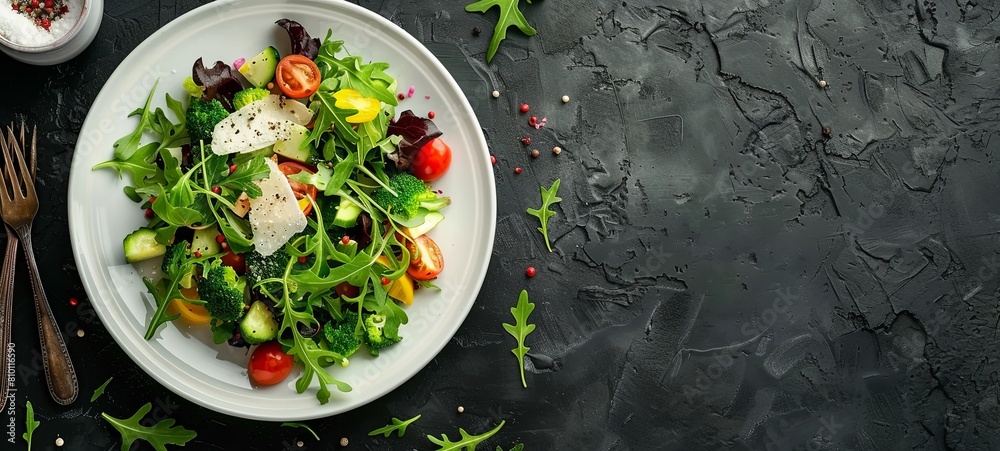 Fresh vegetable salad with parmesan in a white plate. spices, cutlery. Oliya. Fresh vegetable salad with parmesan in a white plate. spices, cutlery. Oliya.