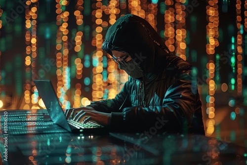 An obscured figure in a hood uses a laptop in a cyber environment with dynamic lighting, denoting hacking and online anonymity concepts