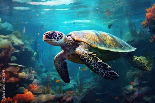 Turtle underwater background. Ecosystem beauty. Generate Ai © juliars