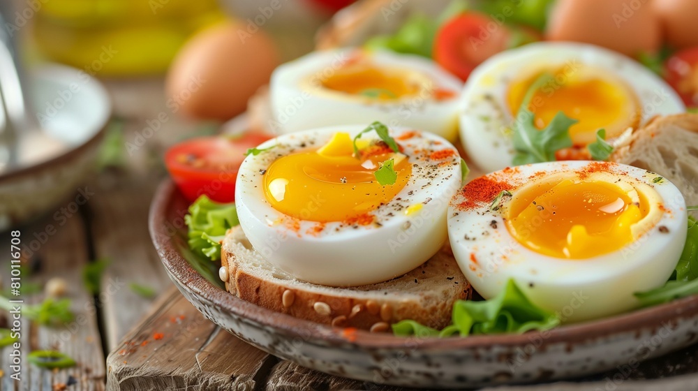 Half boiled egg slice bread lettuce, tomatoes spices wooden table Half boiled egg slice bread lettuce, tomatoes spices wooden table