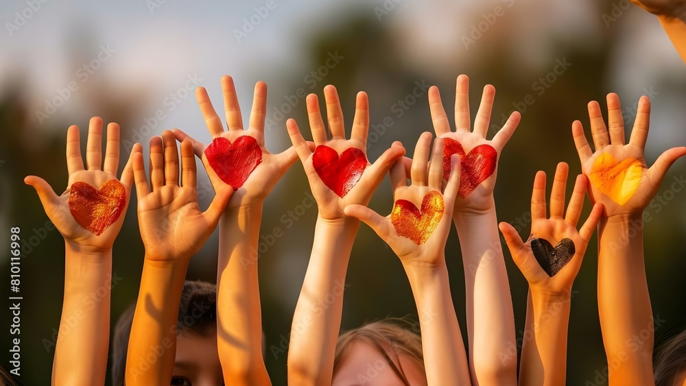 Children from around the world raise their hands with painted hearts in sky. Concept Unity, Global Connection, Diversity, Peace, Love Children from around the world raise their hands with painted hearts in sky. Concept Unity, Global Connection, Diversity, Peace, Love