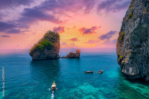 Fototapeta Naklejka Na Ścianę i Meble -  Aerial view of Nui beach in koh Phi Phi Don island, in Krabi, Thailand, sunset light
