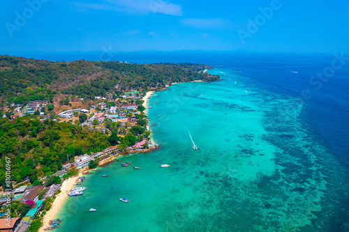 Aerial view Koh Phi Phi Don island in Andaman Sea from drone in Province of Krabi, Thailand photo